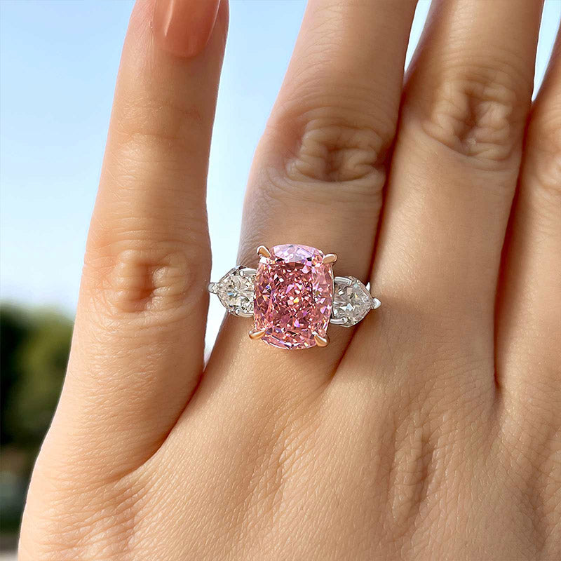 Elegant Cushion Cut Three Stone Pink Sapphire Engagement Fabulite Ring in Sterling Silver